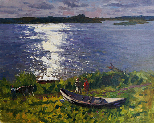The painter Anton Vyrva. Artwork Picture Painting Canvas Landscape. Evening on the Sozh. 2011, 168 x 317 cm, oil on canvas