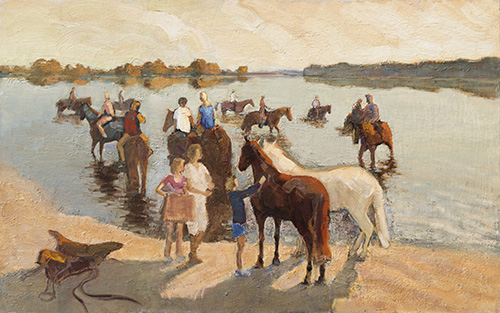The painter Aleksei Demchenko. Artwork Picture Painting Canvas Composition. Bathing of horses. 2011, 73 x 115 cm, oil on canvas